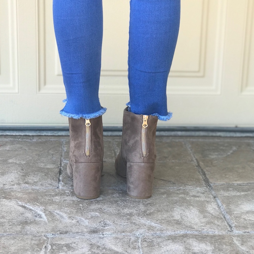 Taupe Round Toe Wrapped Chunky Heel Booties - Picture 3 of 4